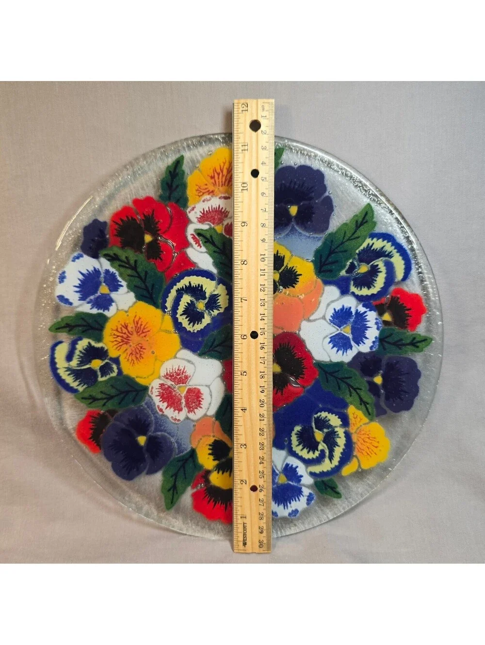 Vintage Peggy Karr Fused Glass 11 inch Pansy Flower Serving Plate w/ Box